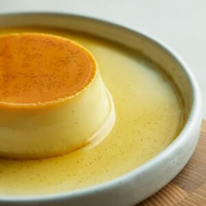 Close-up of a rich, creamy crème caramel dessert served on a plate, perfect for sweet indulgence.